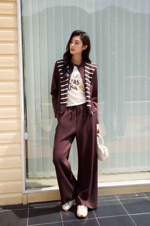 伯妮斯茵 | 简约休闲 栗壳色针织拼接外套 立领拉链设计 搭配条纹撞色披肩 日常通勤款 SZ3WAL66 - 栗壳色外套 商品图0