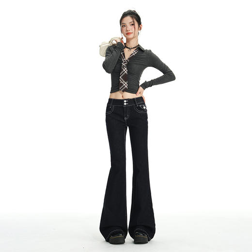 罗蒙春秋款女士牛仔裤丹尼蓝双排扣设计感微喇弹力修身显腿长低腰喇叭裤子 商品图4