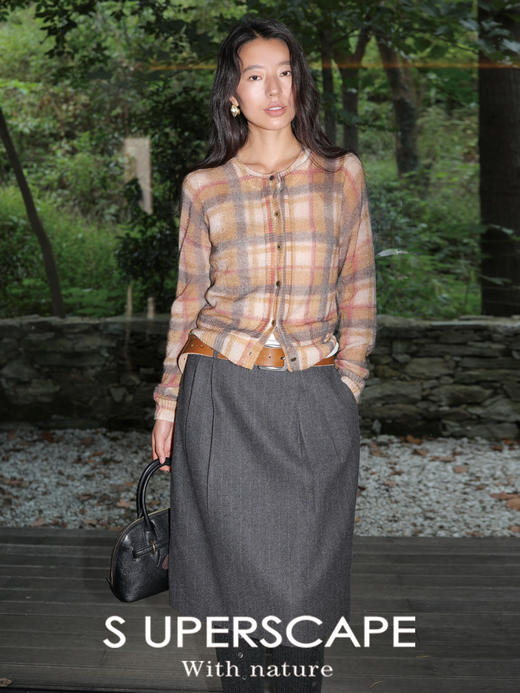 素舶 绵羊毛亚麻微茧廓形感条纹通勤时髦西装直筒半身中裙及膝裙 商品图4