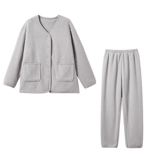 秋冬纽扣家居服 纯色可外穿绒绒开衫睡衣 宽松双面绒保暖套装 商品图4