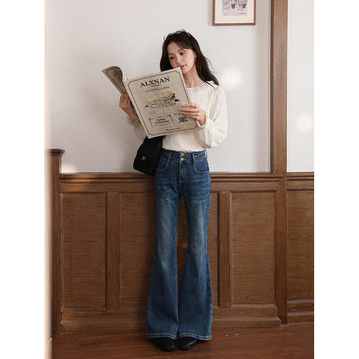 鹿向南「复古千金」深蓝色微喇牛仔裤秋季新款休闲显瘦通勤长裤女L58729 商品图2