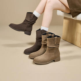 西遇西部牛仔靴女新款秋冬百搭美拉德V口堆堆靴圆头粗跟短靴V2257257