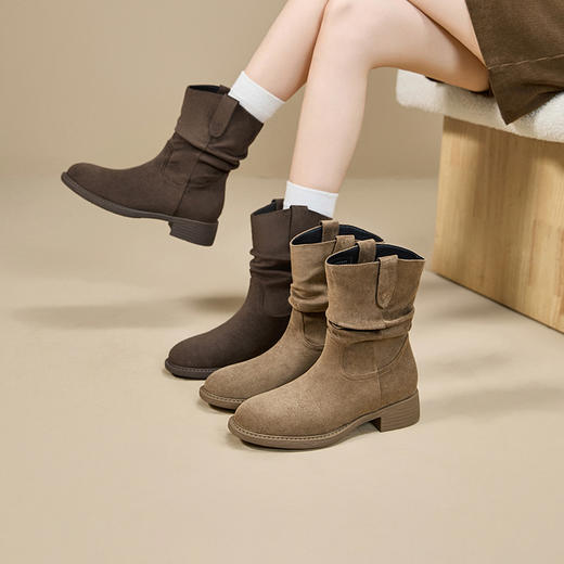 西遇西部牛仔靴女新款秋冬百搭美拉德V口堆堆靴圆头粗跟短靴V2257257 商品图0
