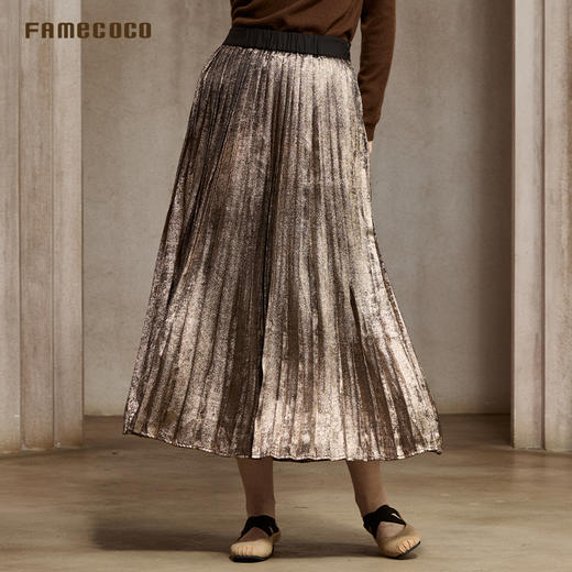 Famecoco范可儿烫金偏光半身裙高级肌理感A字百褶裙FAC8HA027 商品图1
