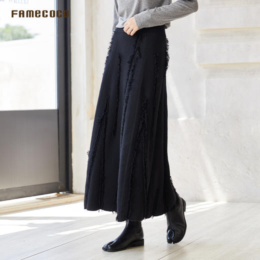 Famecoco时尚毛须设计感针织半身裙高腰A字摆裙FAC8HA014 商品图2