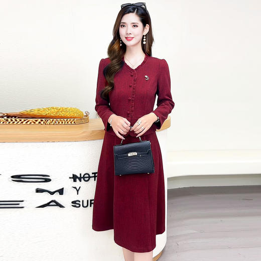 QYM 99H251-Y时尚气质连衣裙收腰假两件木耳边长袖裙 商品图1