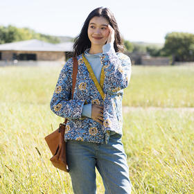 绽放668朵/蓝韵繁华短款棉服·盐缩棉底布印花拼色棉衣新款冬外套