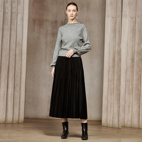 Famecoco立体高温压褶A字半身裙遮跨显瘦丝绒百褶裙FAC8HA024