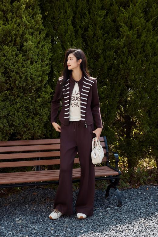 伯妮斯茵 | 简约休闲 栗壳色针织拼接外套 立领拉链设计 搭配条纹撞色披肩 日常通勤款 SZ3WAL66 - 栗壳色外套 商品图1