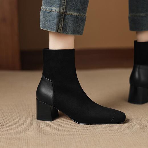 【预售5天】牛皮显瘦短靴秋冬新款方头磨砂短筒粗中跟百搭马丁靴女DQ&DQ1377 商品图4
