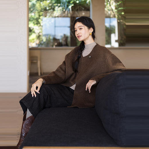 绽放625朵/荒野旅行外套·羊驼羊毛混纺开襟含围巾中长款毛呢外套 商品图1