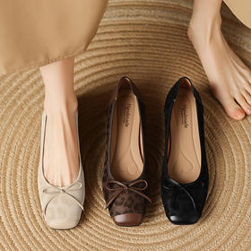 【预售5天】复古豹纹头层牛皮蝴蝶结单鞋女高级感春秋季粗跟低跟浅口小皮鞋LD&7280