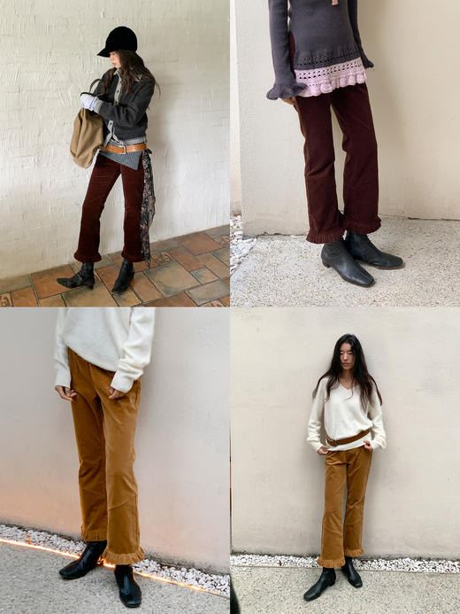 素舶 棉质灯芯绒英伦风木耳花边橡筋腰保暖秋冬9分裤休闲直筒裤 商品图2