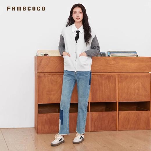 Famecoco范可儿撞色拼接V领休闲开衫学院风针织外套FAB6DE015 商品图1