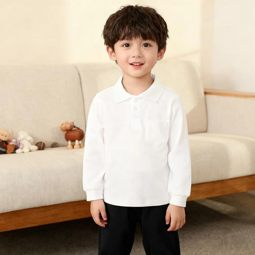 【儿童服饰丨儿童纯色polo衫】选用纯棉面料，亲肤舒适透气，做工精细走线工整，男款POLO领，女款娃娃领，男女款纽扣色做了区分，胸前有小口袋设计，简约百搭，90-170码可选~ 商品图5