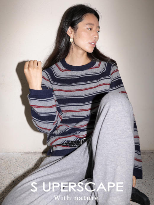 素舶 美利奴羊毛细腻柔软渐变条纹撞色百搭圆领宽松针织衫毛衣 商品图2