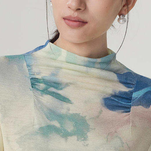 【林栖设计小店】绵羊毛T恤复古印花油画衫抽褶优雅显瘦2025秋冬新款长袖上衣女T1954179 商品图2