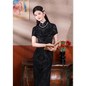 SKY 66986弹力网纱植绒长款短袖旗袍时尚修身日常旗袍裙