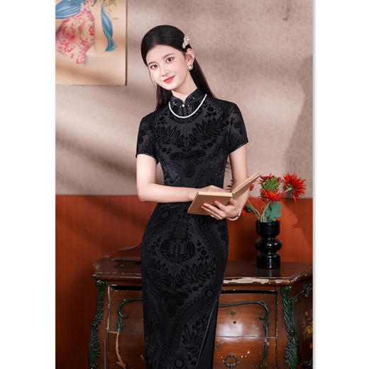 SKY 66986弹力网纱植绒长款短袖旗袍时尚修身日常旗袍裙 商品图0