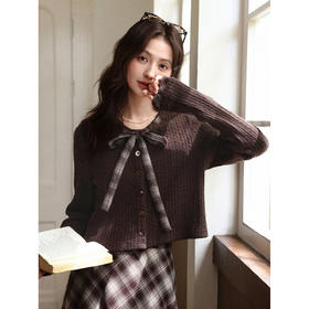 鹿向南「棕巧摩卡」棕色长袖毛针织衫女早秋小众设计感短款上衣