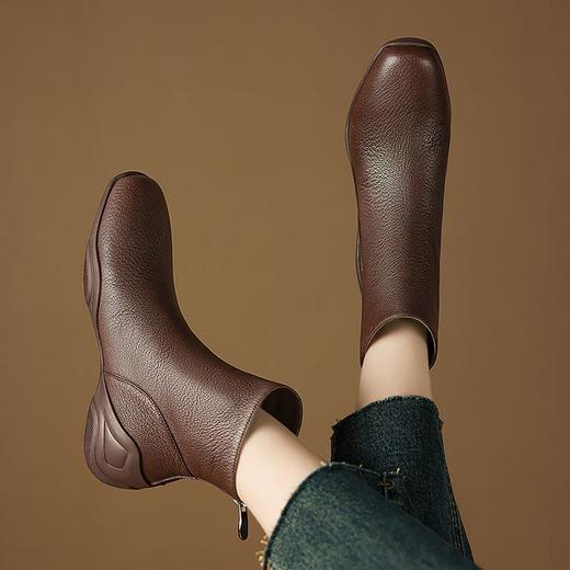 【预售5天】冬季新款厚底加绒短靴女方头百搭舒适羊皮后拉链中跟时装靴子DTN&266-8 商品图3