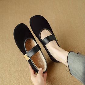 【预售5天】全真皮磨砂羊皮一字带玛丽珍鞋，圆头浅口单鞋平底舒适小皮鞋NJMK&K1205M-1