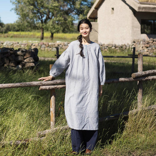特绽放672朵/原野麻棉长裙·亚麻双面色织半开门襟长袖旅行连衣裙 商品图2