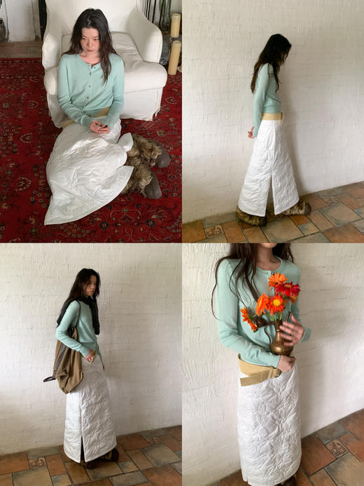 素舶 重工多图案绣花绗缝直筒中高腰下摆侧开叉夹棉保暖半身裙 商品图1