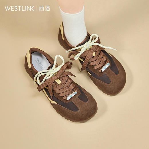 西遇棕色德训鞋女新款秋季美拉德双鞋带舒适休闲鞋平底运动鞋K0057297 商品图0