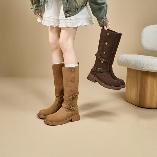 西遇厚底长筒靴女新款秋冬两穿复古废土美拉德西部长靴骑士靴V2257261 商品图0