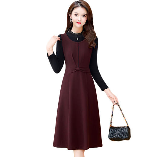 QYM 25S28-Y假两件长袖连衣裙妈妈装中长款A字裙 商品图4