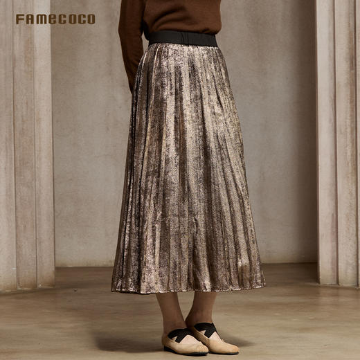 Famecoco范可儿烫金偏光半身裙高级肌理感A字百褶裙FAC8HA027 商品图4