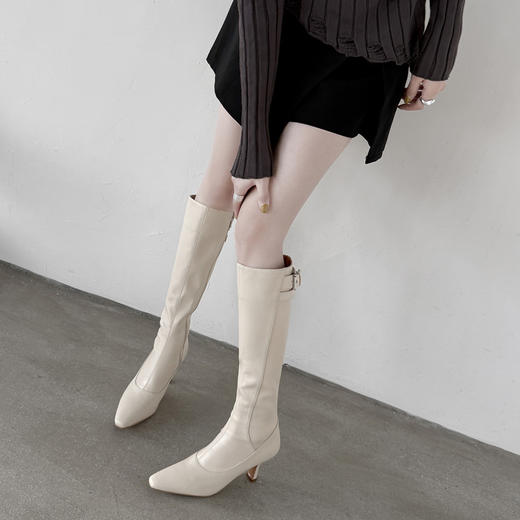 【预售7天】优雅性感高跟高筒靴秋冬尖头皮带扣通勤细跟牛皮弹力长靴女DQ&DQ9721W 商品图3
