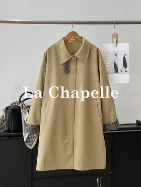会员福利【章若楠温以凡同款】拉夏贝尔/La Chapelle格纹袖口休闲英伦风中长风衣外套女