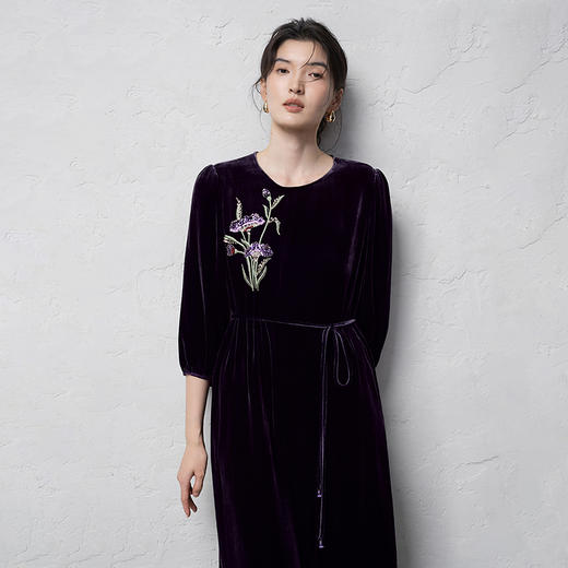 【林栖设计小店】真丝丝绒连衣裙珠片绣花宽松优雅腰带2025秋冬新款长裙女1954190 商品图1