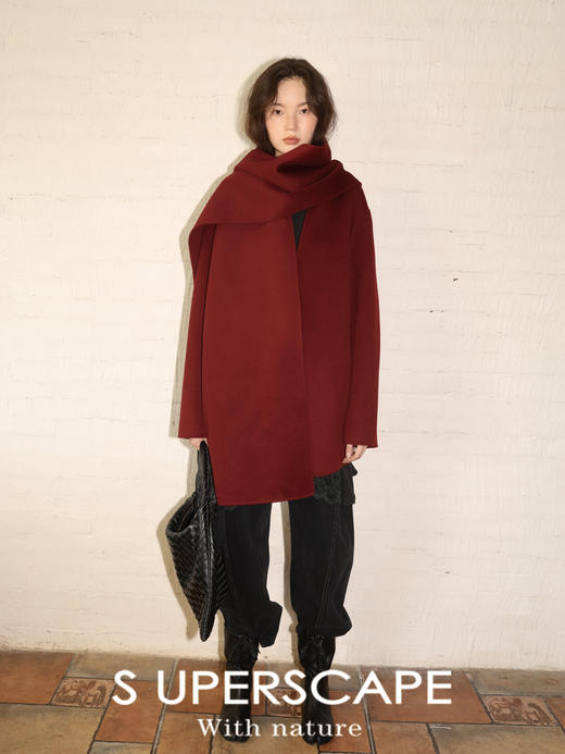 素舶 细支绵羊毛v领宽松可拆卸围巾短款双面呢大衣 商品图1