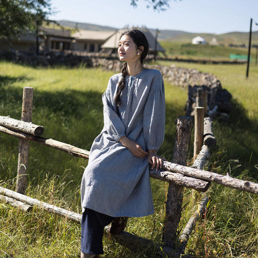 特绽放672朵/原野麻棉长裙·亚麻双面色织半开门襟长袖旅行连衣裙 商品图0