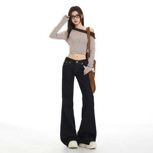 罗蒙春秋款女士深蓝原色牛仔裤低腰微喇美式复古宽松显瘦百搭拖地长裤 商品图2