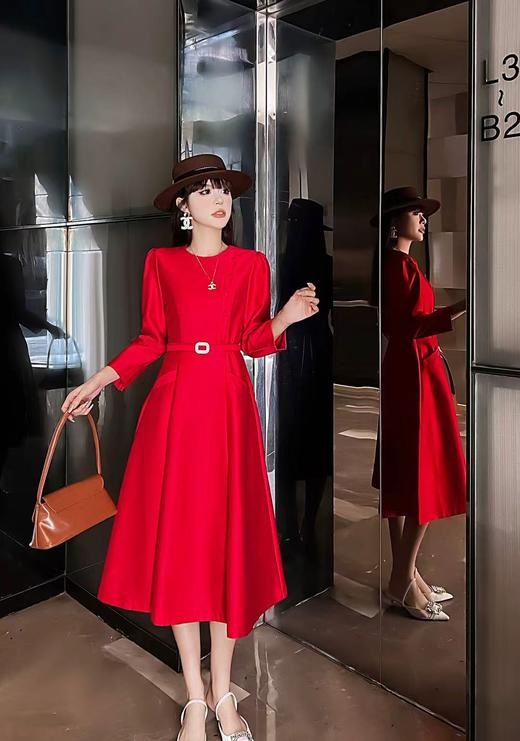 伯妮斯茵 | 轻奢名媛 正红色收腰缎面连衣裙 圆领七分袖设计 腰带显瘦 宴会约会款 SZ3S58 - 胭脂色连衣裙 商品图2