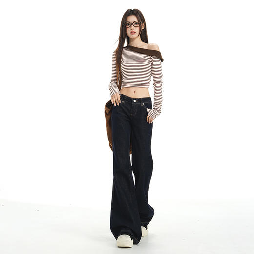 罗蒙春秋款女士深蓝原色牛仔裤低腰微喇美式复古宽松显瘦百搭拖地长裤 商品图4