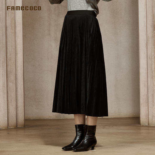 Famecoco立体高温压褶A字半身裙遮跨显瘦丝绒百褶裙FAC8HA024 商品图3