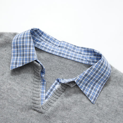 西遇假两件格纹拼接套头毛衣女冬季新款气质百搭翻领针织衫H0055301 商品图5