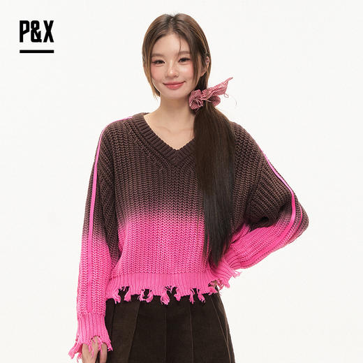 P&X设计师女装2025冬季毛针织毛衣拼色镂空撞色 825418202 咖/粉 商品图0