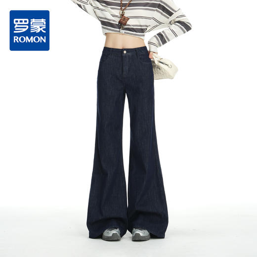 罗蒙春秋款牛仔裤女士普洗蓝微喇设计宽松垂感直筒百搭显瘦拖地长裤 商品图0
