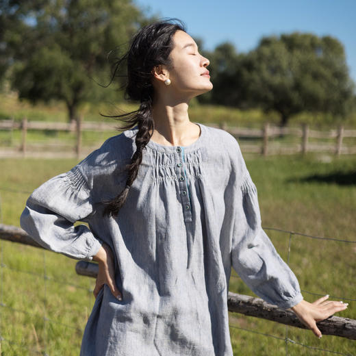 特绽放672朵/原野麻棉长裙·亚麻双面色织半开门襟长袖旅行连衣裙 商品图1