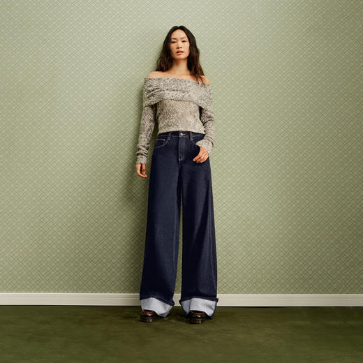 【宽松威化裤】simplepieces秋新款SPS牛仔女显瘦翻边阔腿拖地裤 商品图2