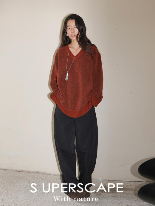 素舶 进口秘鲁羊驼毛圈圈纱V领拼接松弛感宽松针织套衫毛衣 商品图1