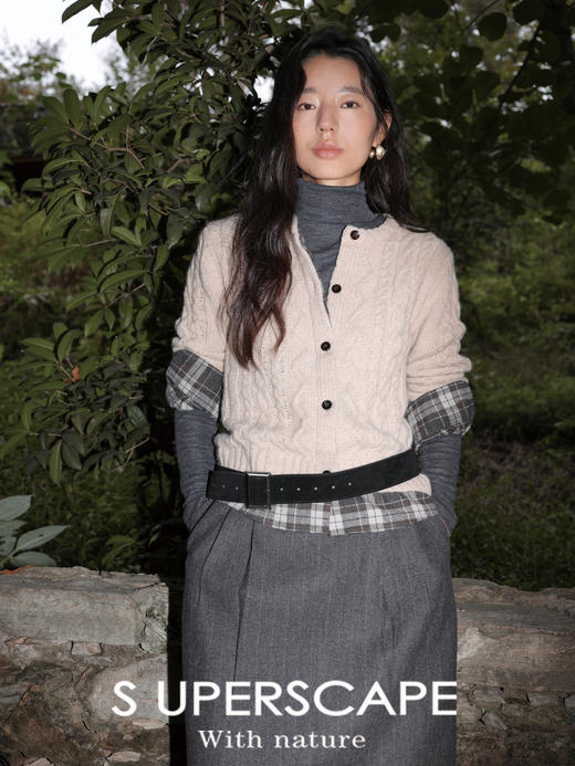 素舶 羊驼毛羊毛柔软撞色拼接格纹假两件叠穿时尚感绞花针织开衫 商品图1