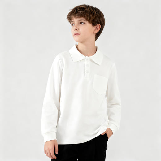 【儿童服饰丨儿童纯色polo衫】选用纯棉面料，亲肤舒适透气，做工精细走线工整，男款POLO领，女款娃娃领，男女款纽扣色做了区分，胸前有小口袋设计，简约百搭，90-170码可选~ 商品图0