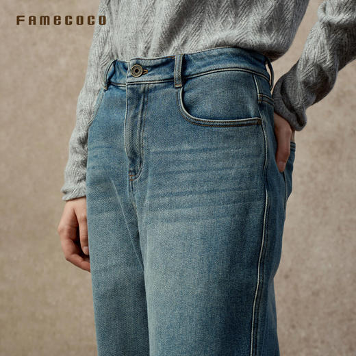 Famecoco复古做旧水洗牛仔裤宽松薄绒哈伦裤FAC8GA036 商品图2